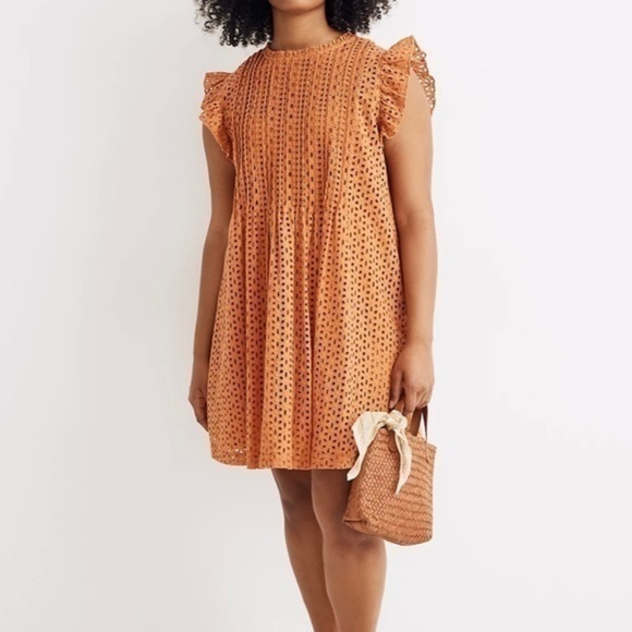 Madewell Eyelet Ruffle Sleeve Pintuck Mini Dress Mulled Cider AN137 - Picture 1 of 8